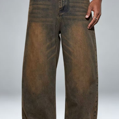 Custom Men's Stretch Denim Embroidered Baggy Jeans Chocolate Brown Custom Men's Stretch Denim Embroidered Baggy Jeans Chocolate Brown