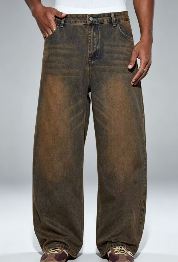 Custom Men's Stretch Denim Embroidered Baggy Jeans Chocolate Brown Custom Men's Stretch Denim Embroidered Baggy Jeans Chocolate Brown
