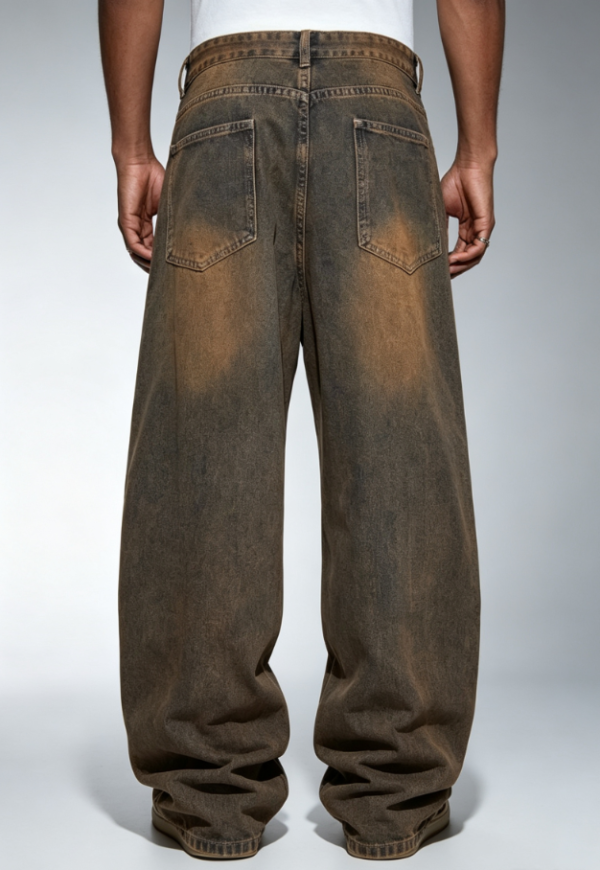 Custom Men's Stretch Denim Embroidered Baggy Jeans Chocolate Brown - view 2 Custom Men's Stretch Denim Embroidered Baggy Jeans Chocolate Brown - view 2