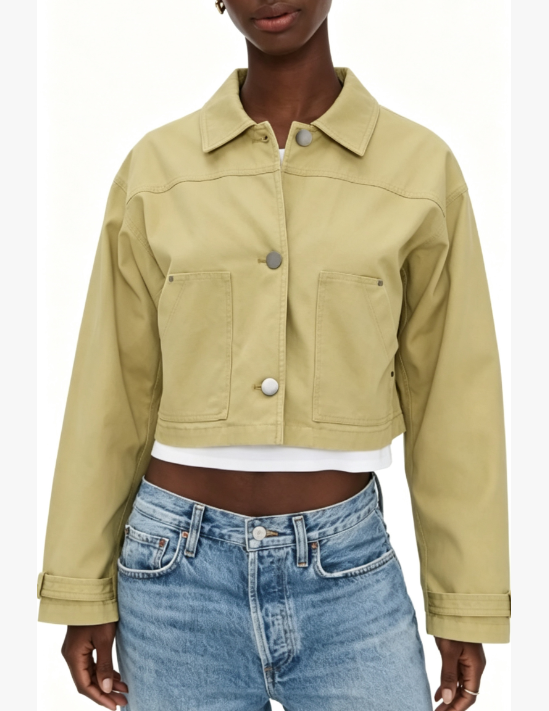 Custom Women's Denim Cropped Coach Jacket Khaki Custom Women's Denim Cropped Coach Jacket Khaki