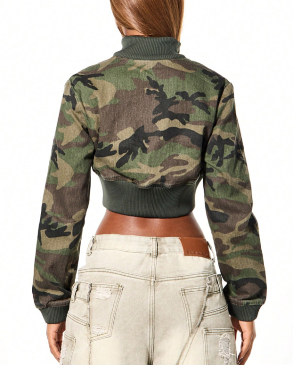 Custom Women's Denim Cropped Varsity Jacket Army Green - view 2 Custom Women's Denim Cropped Varsity Jacket Army Green - view 2