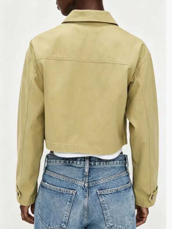 Custom Women's Denim Cropped Coach Jacket Khaki - view 2 Custom Women's Denim Cropped Coach Jacket Khaki - view 2