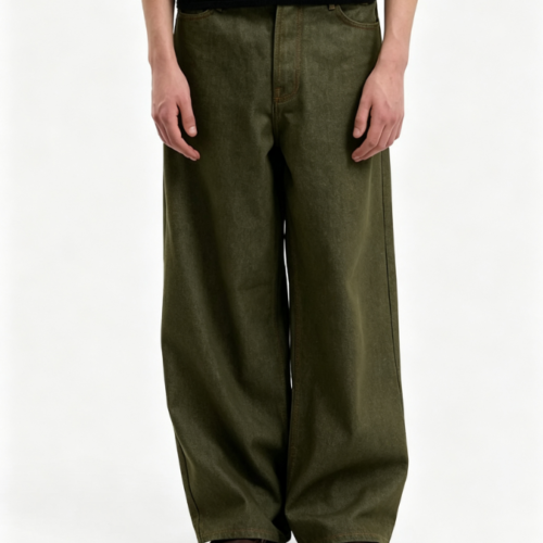 Custom Men's Stretch Denim Raw Baggy Jeans Olive Custom Men's Stretch Denim Raw Baggy Jeans Olive