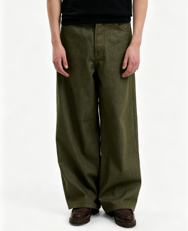 Custom Men's Stretch Denim Raw Baggy Jeans Olive Custom Men's Stretch Denim Raw Baggy Jeans Olive