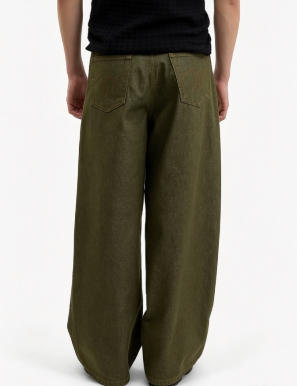 Custom Men's Stretch Denim Raw Baggy Jeans Olive - view 2 Custom Men's Stretch Denim Raw Baggy Jeans Olive - view 2