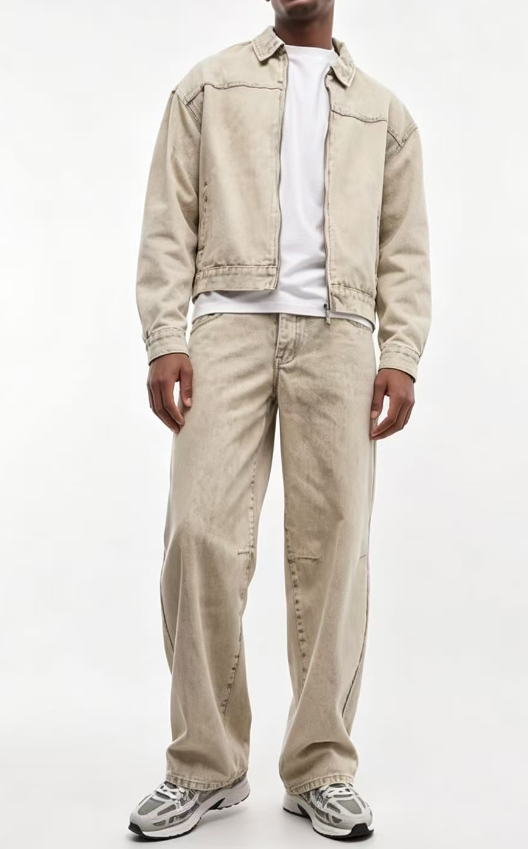 Custom Men's Denim Stone Washed Relaxed Denim Set Khaki