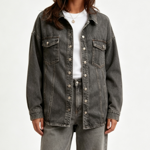 Custom Women's Denim Stone Washed Relaxed Denim Set Charcoal Custom Women's Denim Stone Washed Relaxed Denim Set Charcoal