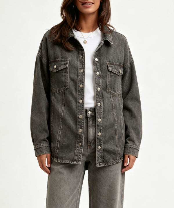 Custom Women's Denim Stone Washed Relaxed Denim Set Charcoal Custom Women's Denim Stone Washed Relaxed Denim Set Charcoal