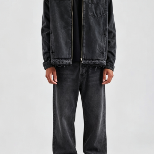 Custom Men's Denim Stone Washed Relaxed Denim Set Black Custom Men's Denim Stone Washed Relaxed Denim Set Black