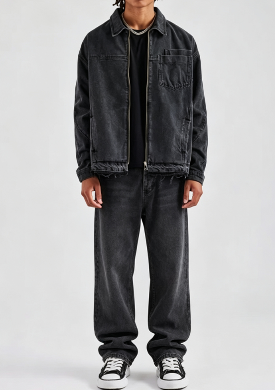 Custom Men's Denim Stone Washed Relaxed Denim Set Black Custom Men's Denim Stone Washed Relaxed Denim Set Black