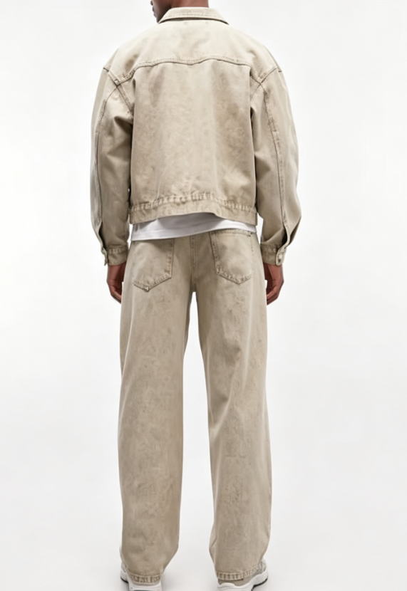 Custom Men's Denim Stone Washed Relaxed Denim Set Khaki - view 2