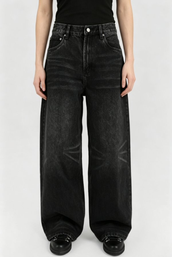 Custom Women's Selvedge Denim Stone Washed Baggy Jeans Black
