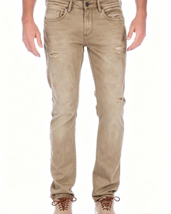 Custom Men's 14oz Denim Stone Washed Slim Jeans Khaki Custom Men's 14oz Denim Stone Washed Slim Jeans Khaki