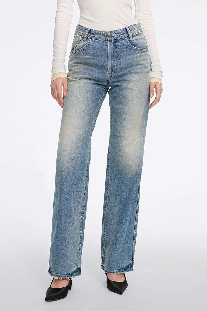 Custom Women's Organic Cotton Distressed Straight Leg Blue Jeans