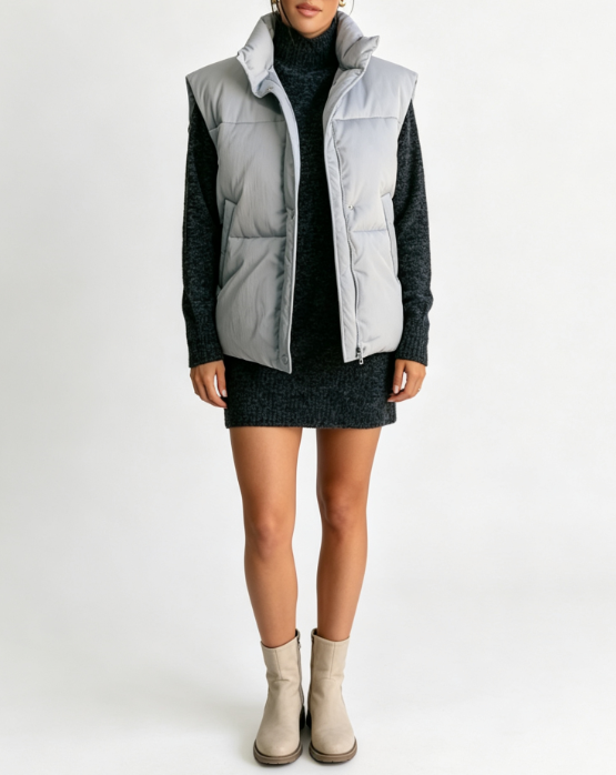Custom Women's Down Filled Quilted Oversized Gilet Vest Puffer Jacket Slate Grey Custom Women's Down Filled Quilted Oversized Gilet Vest Puffer Jacket Slate Grey