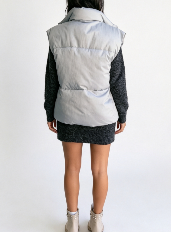 Custom Women's Down Filled Quilted Oversized Gilet Vest Puffer Jacket Slate Grey - view 2 Custom Women's Down Filled Quilted Oversized Gilet Vest Puffer Jacket Slate Grey - view 2