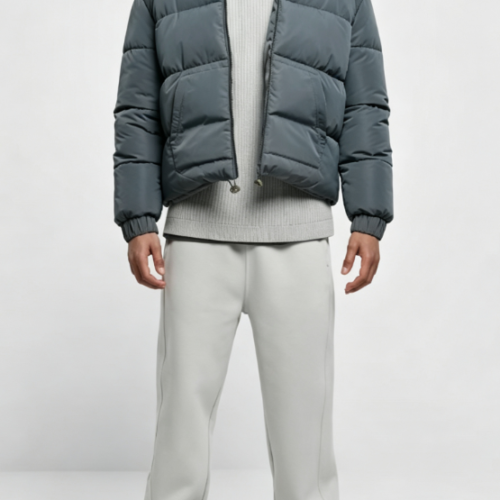 Custom Men's Down Filled Glossy Cropped Puffer Puffer Jacket Heather Grey Custom Men's Down Filled Glossy Cropped Puffer Puffer Jacket Heather Grey