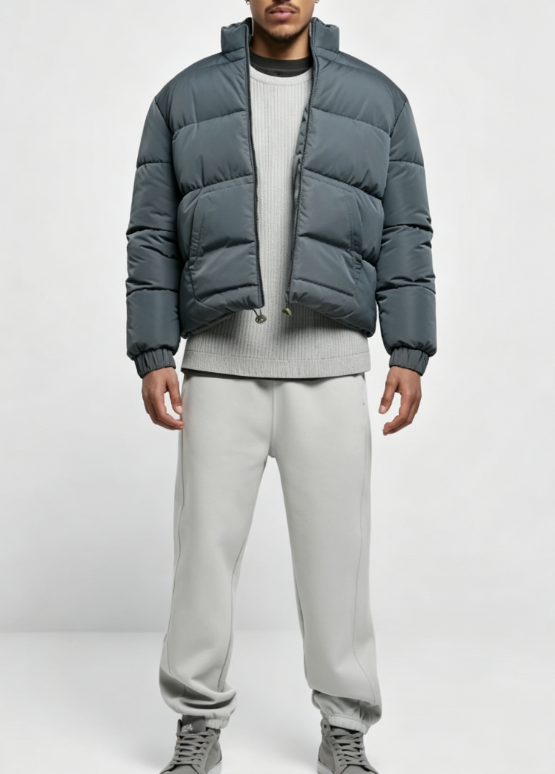 Custom Men's Down Filled Glossy Cropped Puffer Puffer Jacket Heather Grey