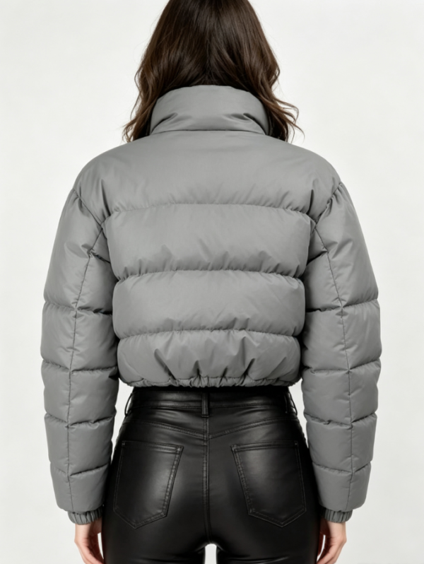 Custom Women's Down Filled Quilted Cropped Puffer Puffer Jacket Grey - view 2 Custom Women's Down Filled Quilted Cropped Puffer Puffer Jacket Grey - view 2