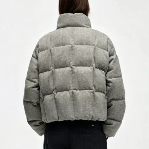 Custom Women's Down Filled Quilted Cropped Heather Grey Puffer Jacket Custom Women's Down Filled Quilted Cropped Heather Grey Puffer Jacket