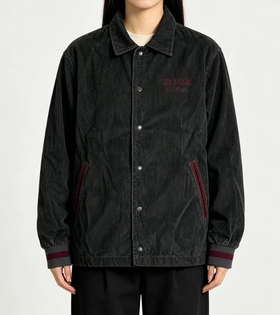 Custom Women's Corduroy Embroidered Oversized Coach Jacket Slate Grey Custom Women's Corduroy Embroidered Oversized Coach Jacket Slate Grey