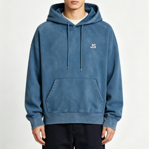 Custom Men's 500 GSM Heavyweight Embroidered Oversized Pullover Hoodie Washed Blue Custom Men's 500 GSM Heavyweight Embroidered Oversized Pullover Hoodie Washed Blue