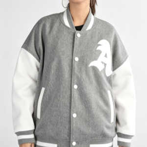 Custom Women's Fleece Embroidered Oversized Varsity Jacket Heather Grey