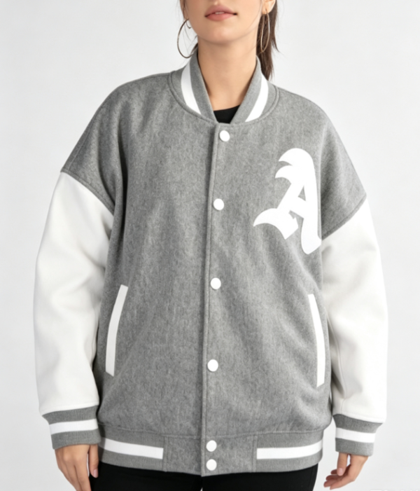 Custom Women's Fleece Embroidered Oversized Varsity Jacket Heather Grey Custom Women's Fleece Embroidered Oversized Varsity Jacket Heather Grey