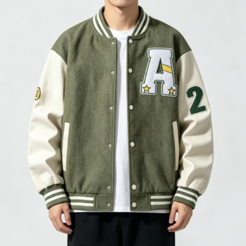 Custom Men's Fleece Embroidered Oversized Varsity Jacket Olive