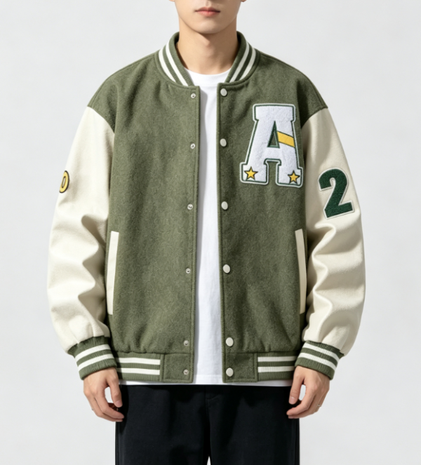 Custom Men's Fleece Embroidered Oversized Varsity Jacket Olive