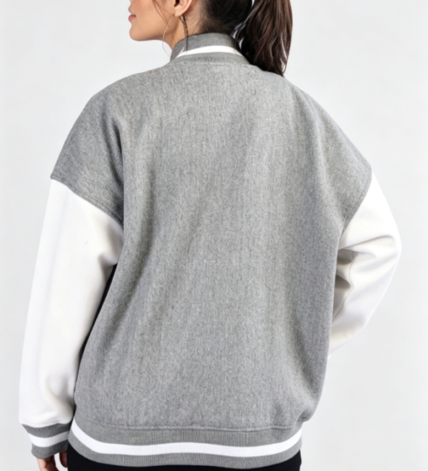 Custom Women's Fleece Embroidered Oversized Varsity Jacket Heather Grey - view 2 Custom Women's Fleece Embroidered Oversized Varsity Jacket Heather Grey - view 2