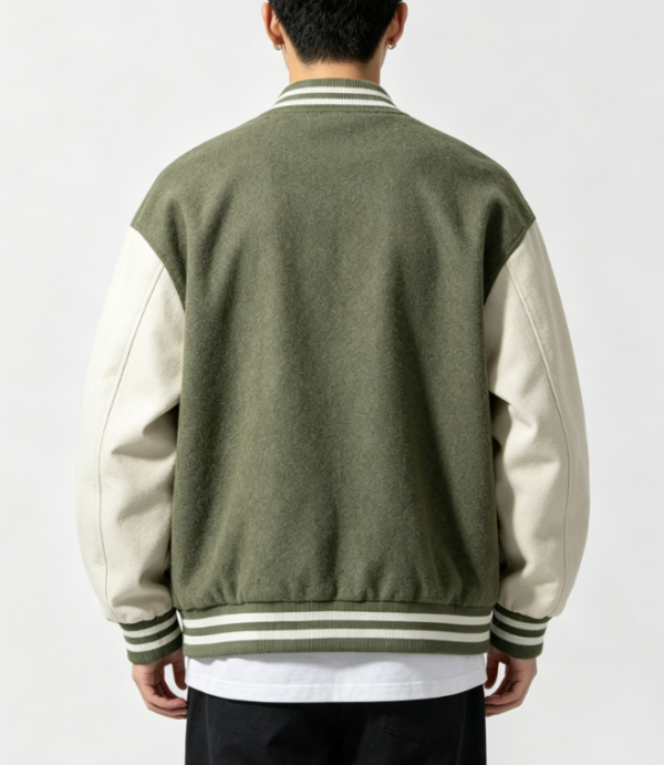 Custom Men's Fleece Embroidered Oversized Varsity Jacket Olive - view 2