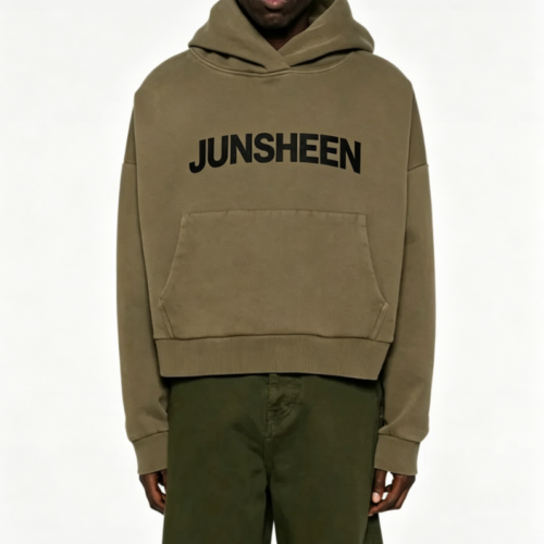 Custom Men's 400 GSM French Terry Screen Printed Cropped Pullover Hoodie Olive Custom Men's 400 GSM French Terry Screen Printed Cropped Pullover Hoodie Olive
