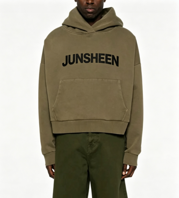 Custom Men's 400 GSM French Terry Screen Printed Cropped Pullover Hoodie Olive Custom Men's 400 GSM French Terry Screen Printed Cropped Pullover Hoodie Olive