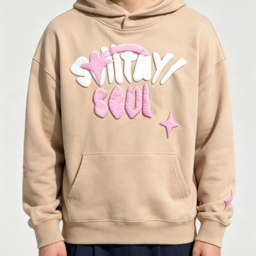 Custom Men's 400 GSM French Terry Puff Print Oversized Pullover Hoodie Khaki Custom Men's 400 GSM French Terry Puff Print Oversized Pullover Hoodie Khaki