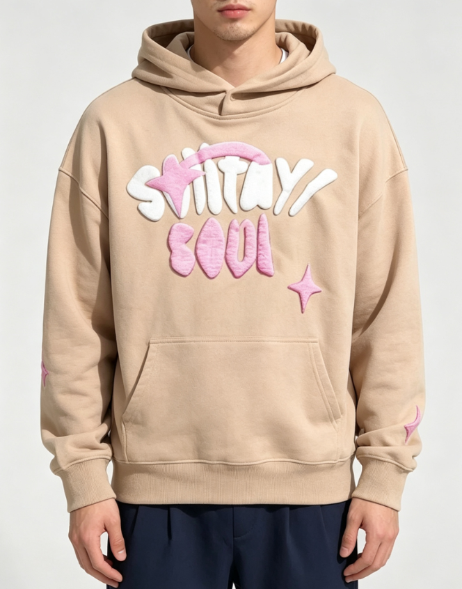 Custom Men's 400 GSM French Terry Puff Print Oversized Pullover Hoodie Khaki