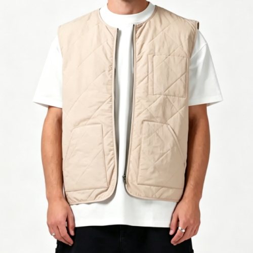 Custom Men's Recycled Nylon Quilted Oversized Gilet Vest Puffer Jacket Sand Custom Men's Recycled Nylon Quilted Oversized Gilet Vest Puffer Jacket Sand