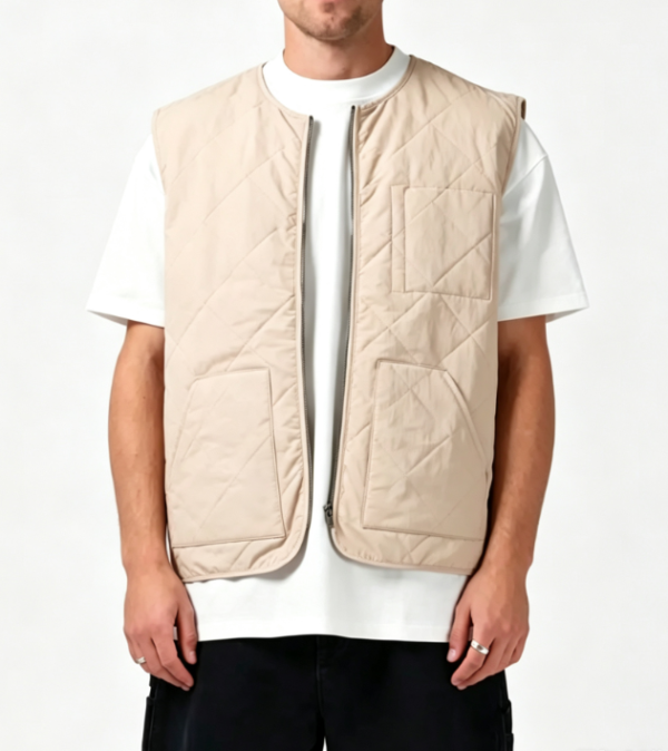 Custom Men's Recycled Nylon Quilted Oversized Gilet Vest Puffer Jacket Sand