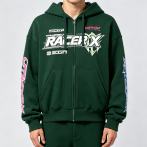 Custom Men's 400 GSM French Terry Graphic Longline Zip-Up Hoodie Forest Green