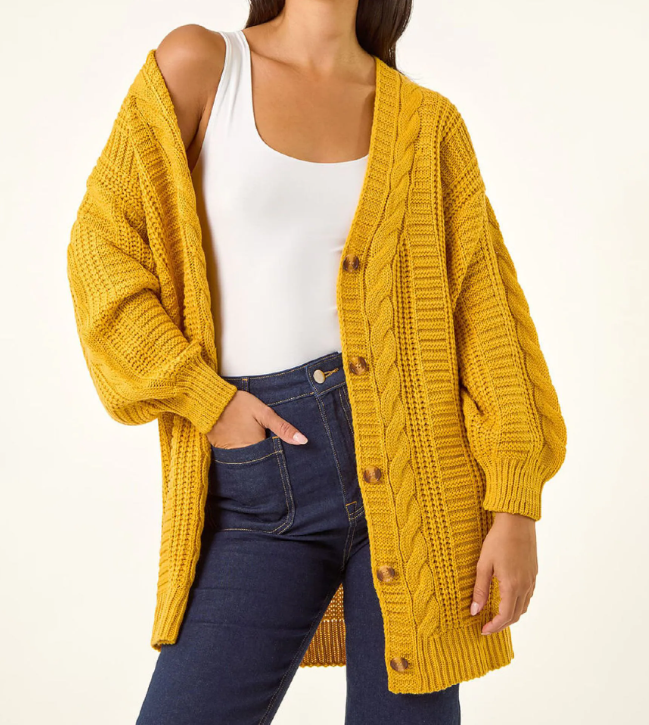 Custom Women's Lambswool Cable-Knit Oversized Button-Up Cardigan Mustard
