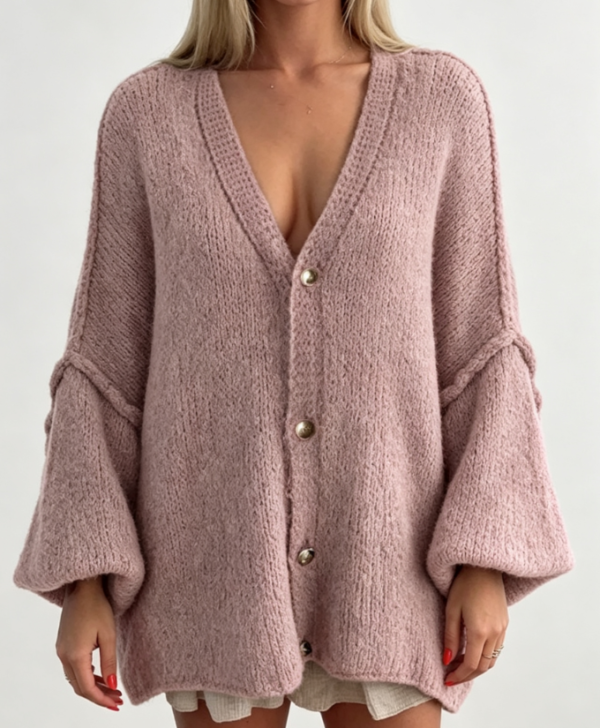 Custom Women's Lambswool Cable-Knit Oversized Button-Up Cardigan Dusty Pink