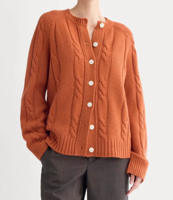 Custom Women's Lambswool Cable-Knit Oversized Button-Up Cardigan Rust