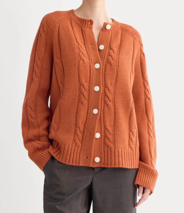 Custom Women's Lambswool Cable-Knit Oversized Button-Up Cardigan Rust