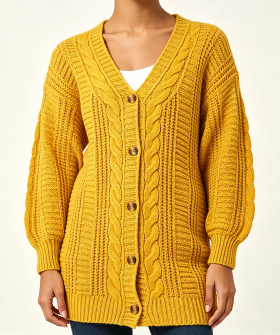 Custom Women's Lambswool Cable-Knit Oversized Button-Up Cardigan Mustard - view 2 Custom Women's Lambswool Cable-Knit Oversized Button-Up Cardigan Mustard - view 2