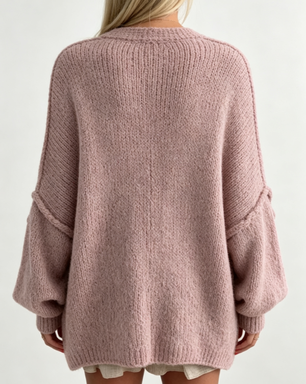 Custom Women's Lambswool Cable-Knit Oversized Button-Up Cardigan Dusty Pink - view 2