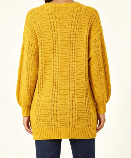 Custom Women's Lambswool Cable-Knit Oversized Button-Up Cardigan Mustard - view 3 Custom Women's Lambswool Cable-Knit Oversized Button-Up Cardigan Mustard - view 3