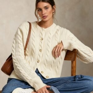 Custom Women's Lambswool Cable-Knit Oversized Rust Cardigan - Style 6B565D