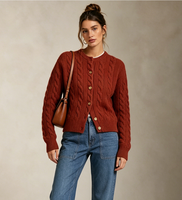 Custom Women's Lambswool Cable-Knit Oversized Rust Cardigan - Style 6B565D - view 4 Custom Women's Lambswool Cable-Knit Oversized Rust Cardigan - Style 6B565D - view 4