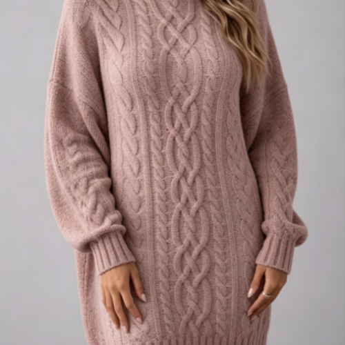 Custom Women's Lambswool Cable-Knit Oversized Turtleneck Sweater Dress Dusty Pink