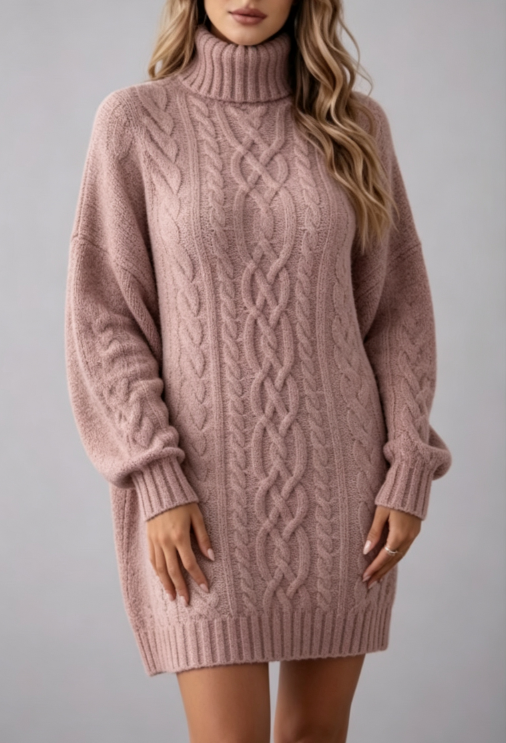 Custom Women's Lambswool Cable-Knit Oversized Turtleneck Sweater Dress Dusty Pink Custom Women's Lambswool Cable-Knit Oversized Turtleneck Sweater Dress Dusty Pink